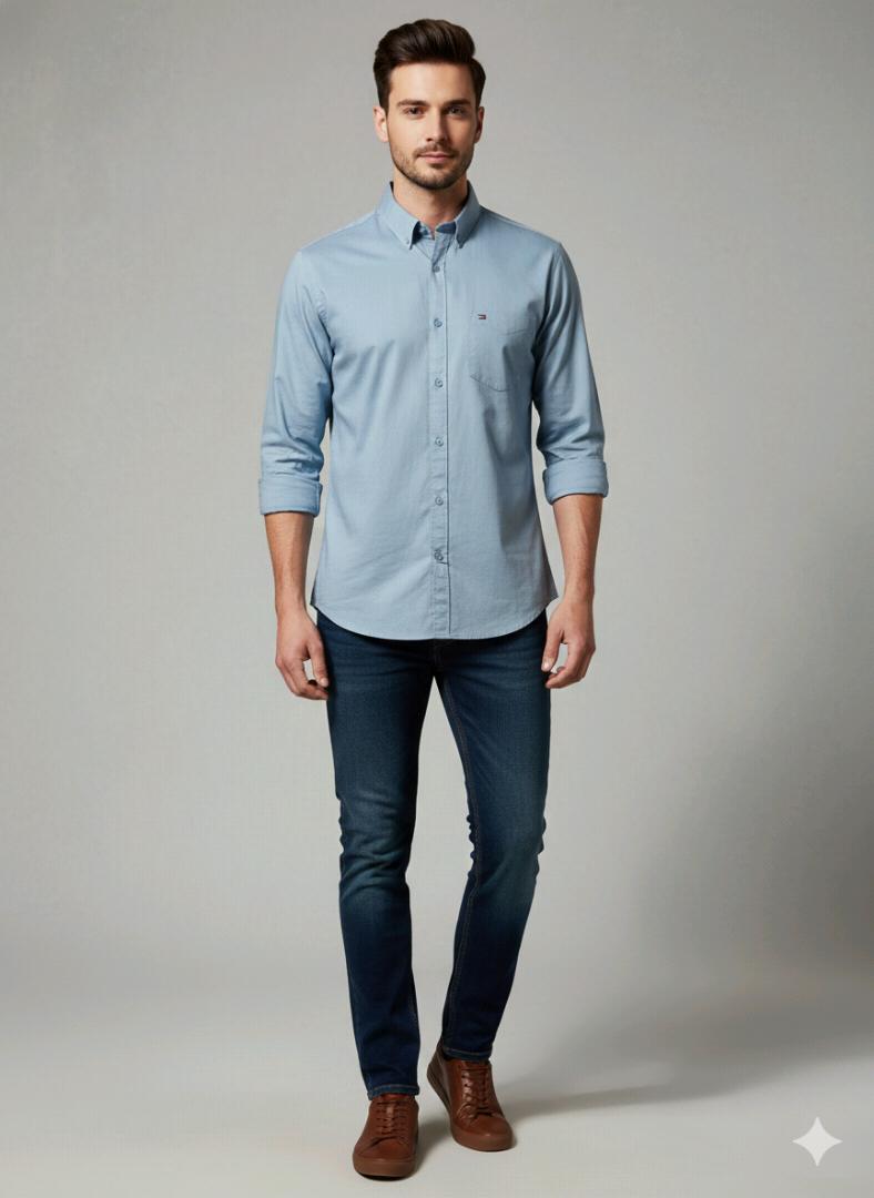 Dark Sky Blue Solid Plane Shirt For Men
