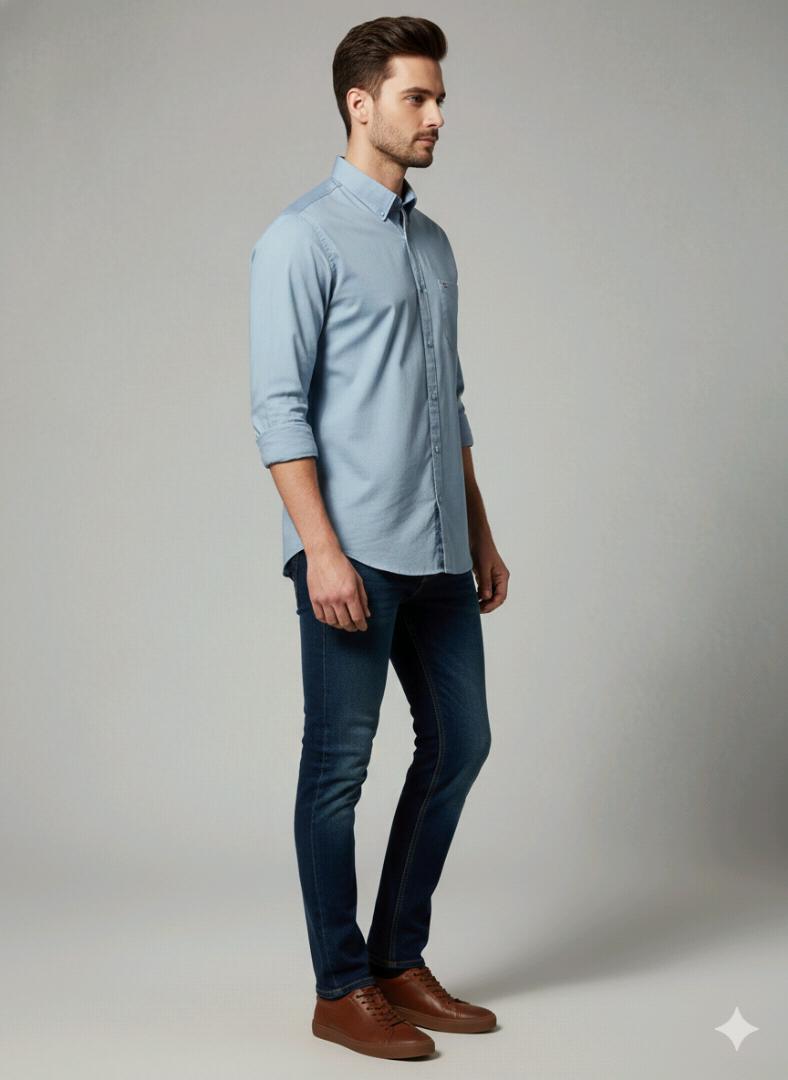 Dark Sky Blue Solid Plane Shirt For Men