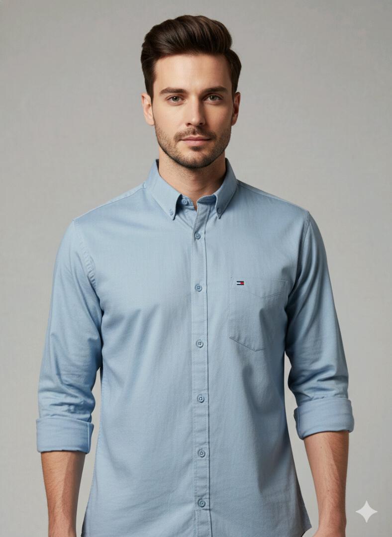 Dark Sky Blue Solid Plane Shirt For Men