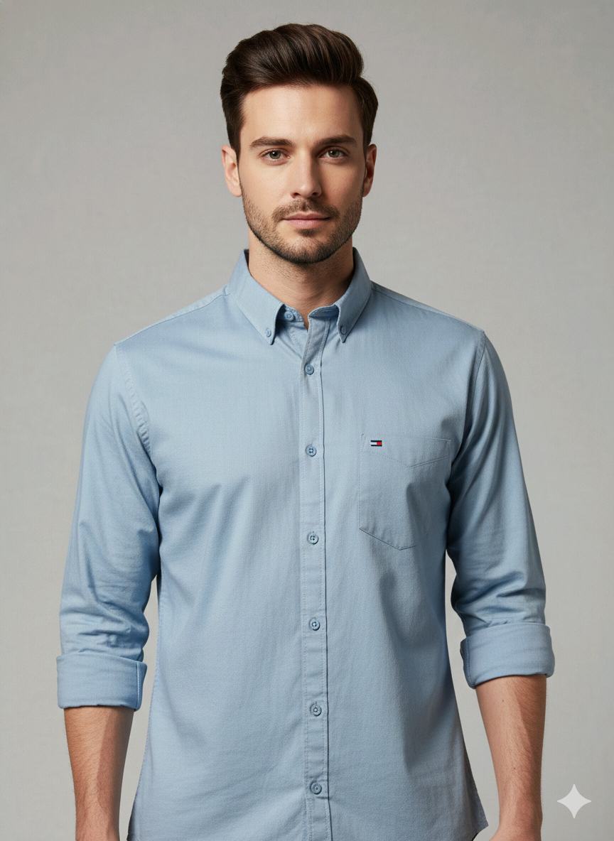 Dark Sky Blue Solid Plane Shirt For Men