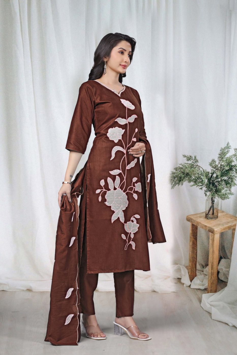 KURTI  WITH PANT & DUPATTA DCVK-01 (Brown)