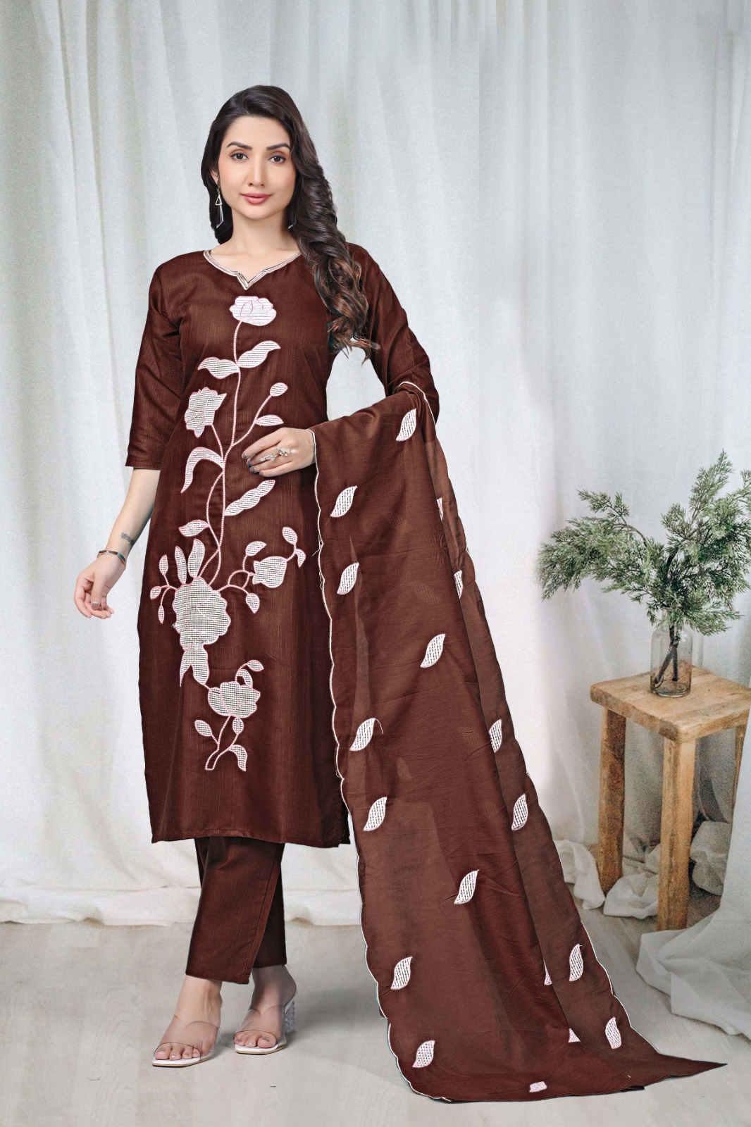 KURTI  WITH PANT & DUPATTA DCVK-01 (Brown)