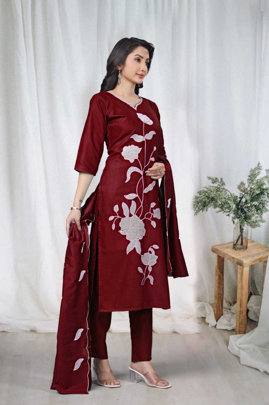 KURTI  WITH PANT & DUPATTA DCVK-01 (Mehroon)