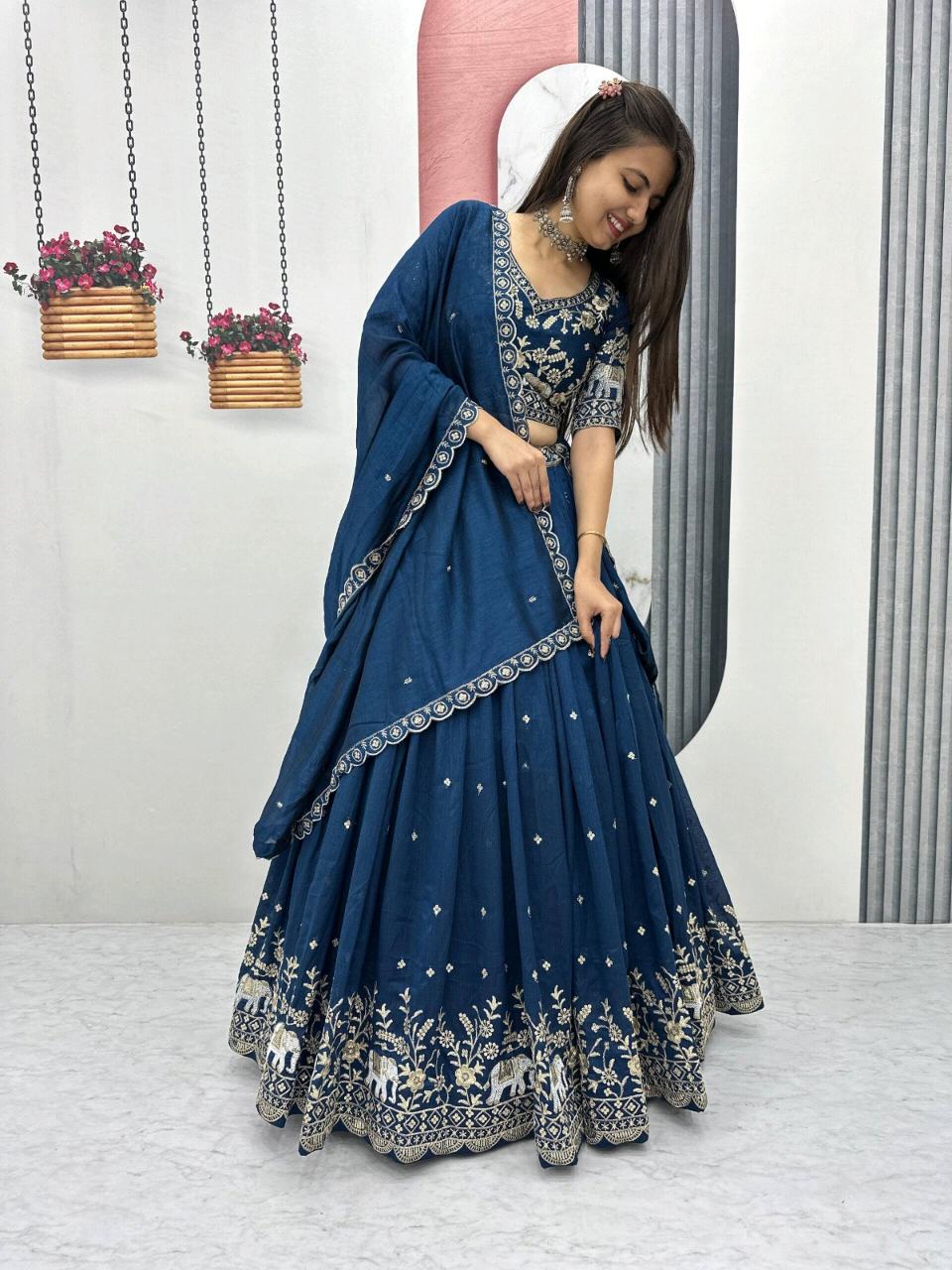 LEHENGA CHOLI  / FLORA ( Navy Blue )