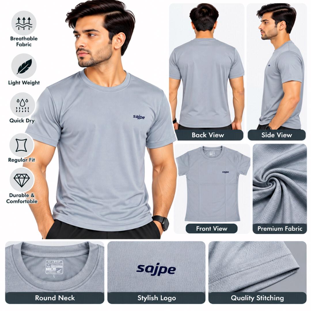 Men's Sports T-Shirt | Quick Dry & Breathable Fabric | Round Neck Half Sleeve T-Shirt | Regular Fit | Gym, Running & Casual Wear (Gray)