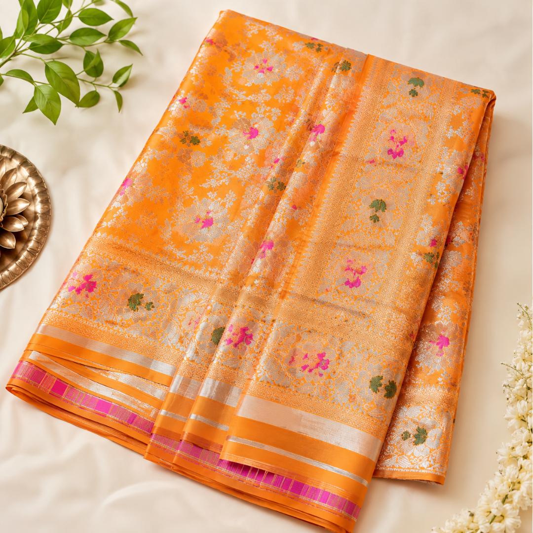 Premium Orange Banarasi Art Silk Saree with Silver Zari 