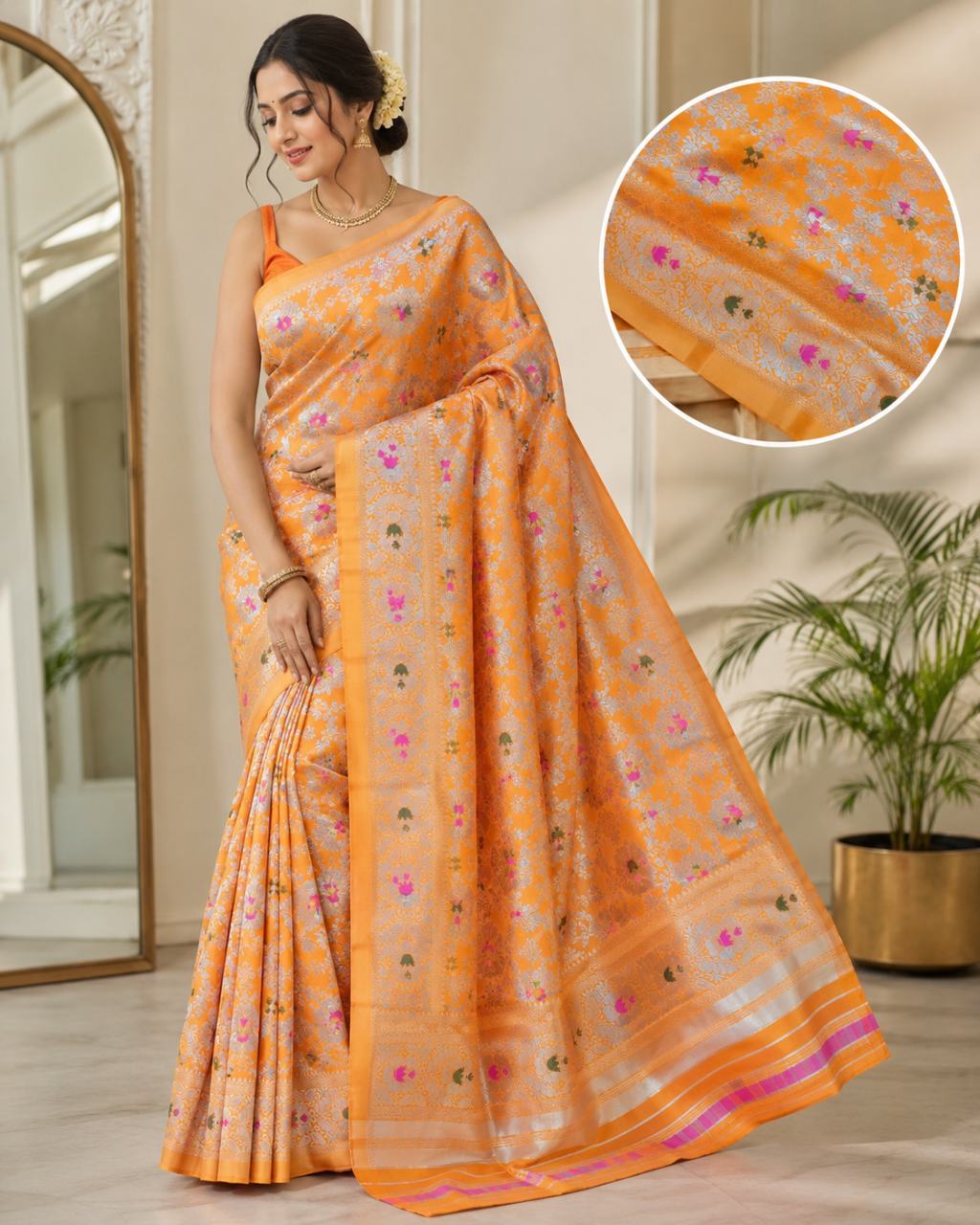 Premium Orange Banarasi Art Silk Saree with Silver Zari 