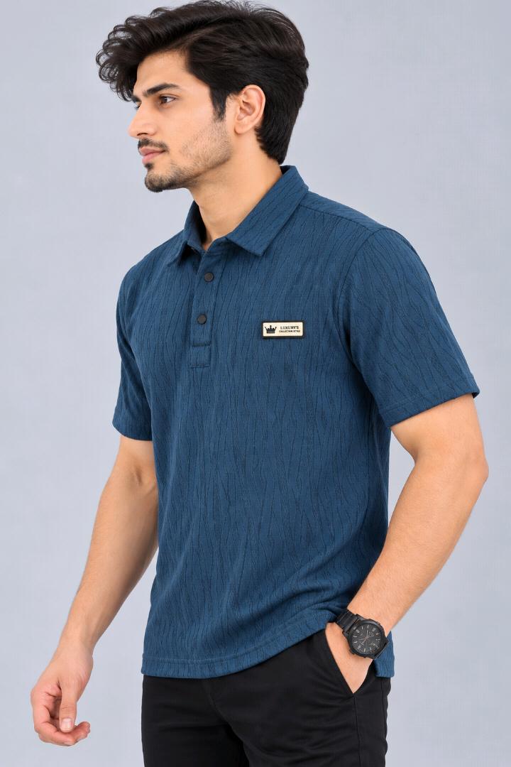 Product Name: Men's Textured Blue Polo T-Shirt
