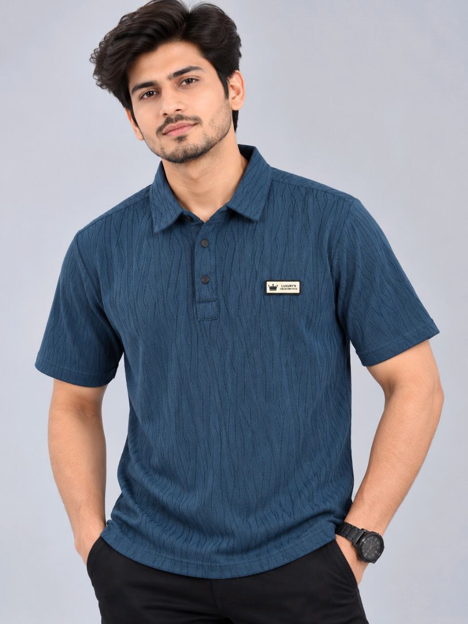 Product Name: Men's Textured Blue Polo T-Shirt