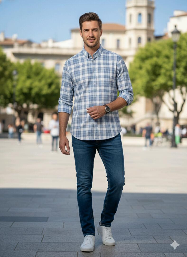 Sky Blue Check Shirt For Men