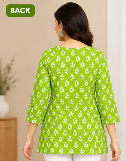 Women’s Green Printed Short Kurti with White Ethnic Design | 3/4 Sleeve Casual Wear Kurti