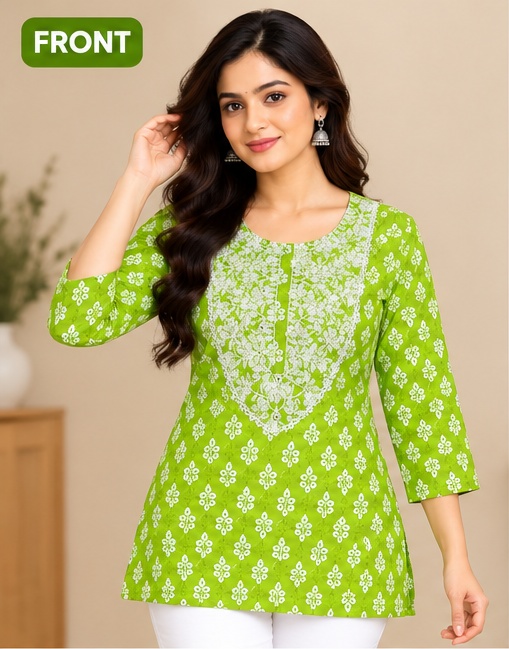 Women’s Green Printed Short Kurti with White Ethnic Design | 3/4 Sleeve Casual Wear Kurti
