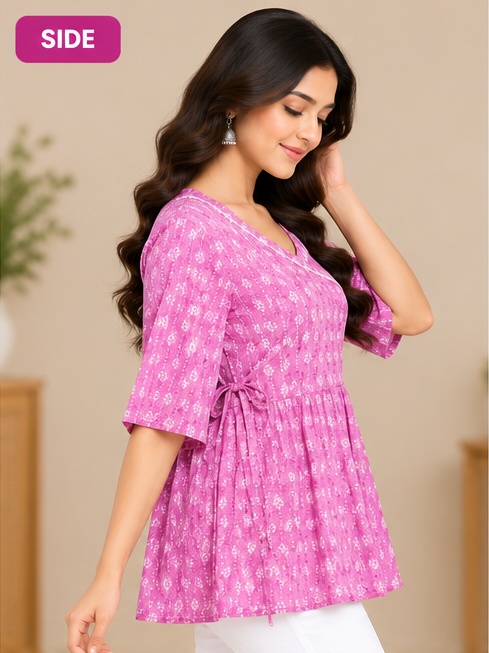 Women’s Pink Printed Short Kurti | V-Neck Flared Tunic with Tie-Up Waist | Stylish Casual Wear