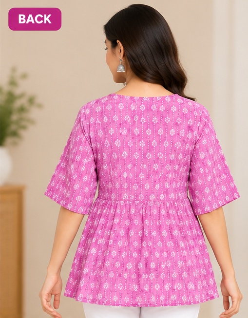 Women’s Pink Printed Short Kurti | V-Neck Flared Tunic with Tie-Up Waist | Stylish Casual Wear