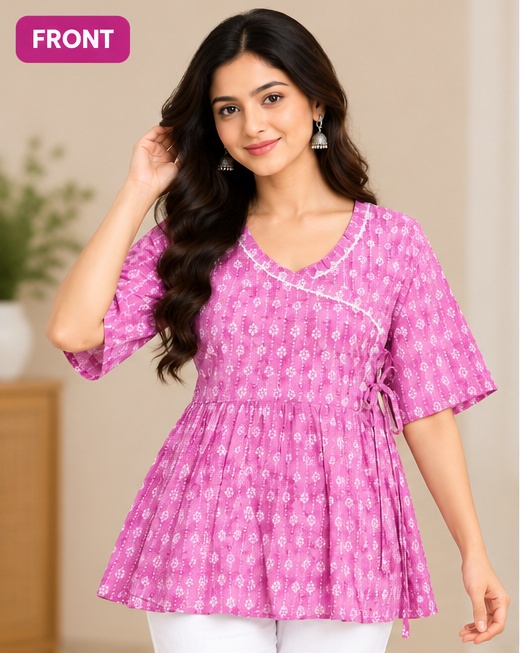 Women’s Pink Printed Short Kurti | V-Neck Flared Tunic with Tie-Up Waist | Stylish Casual Wear