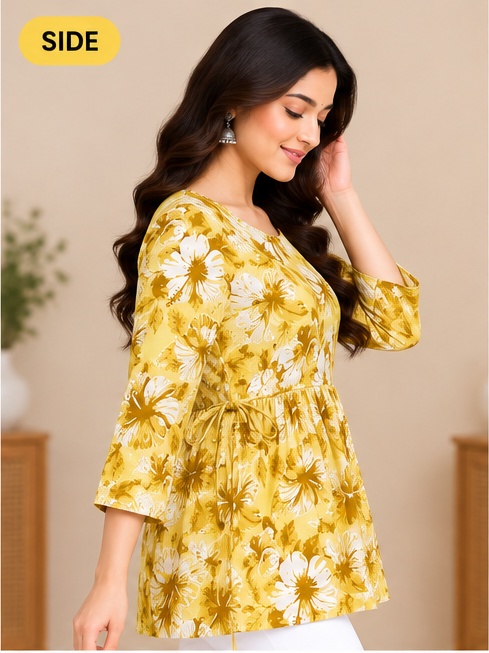 Women’s Yellow Floral Printed Short Kurti | Round Neck Flared Tunic with Tie-Up Waist | Casual Wear