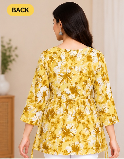 Women’s Yellow Floral Printed Short Kurti | Round Neck Flared Tunic with Tie-Up Waist | Casual Wear