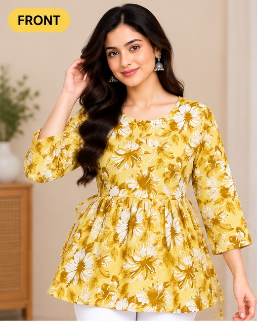 Women’s Yellow Floral Printed Short Kurti | Round Neck Flared Tunic with Tie-Up Waist | Casual Wear